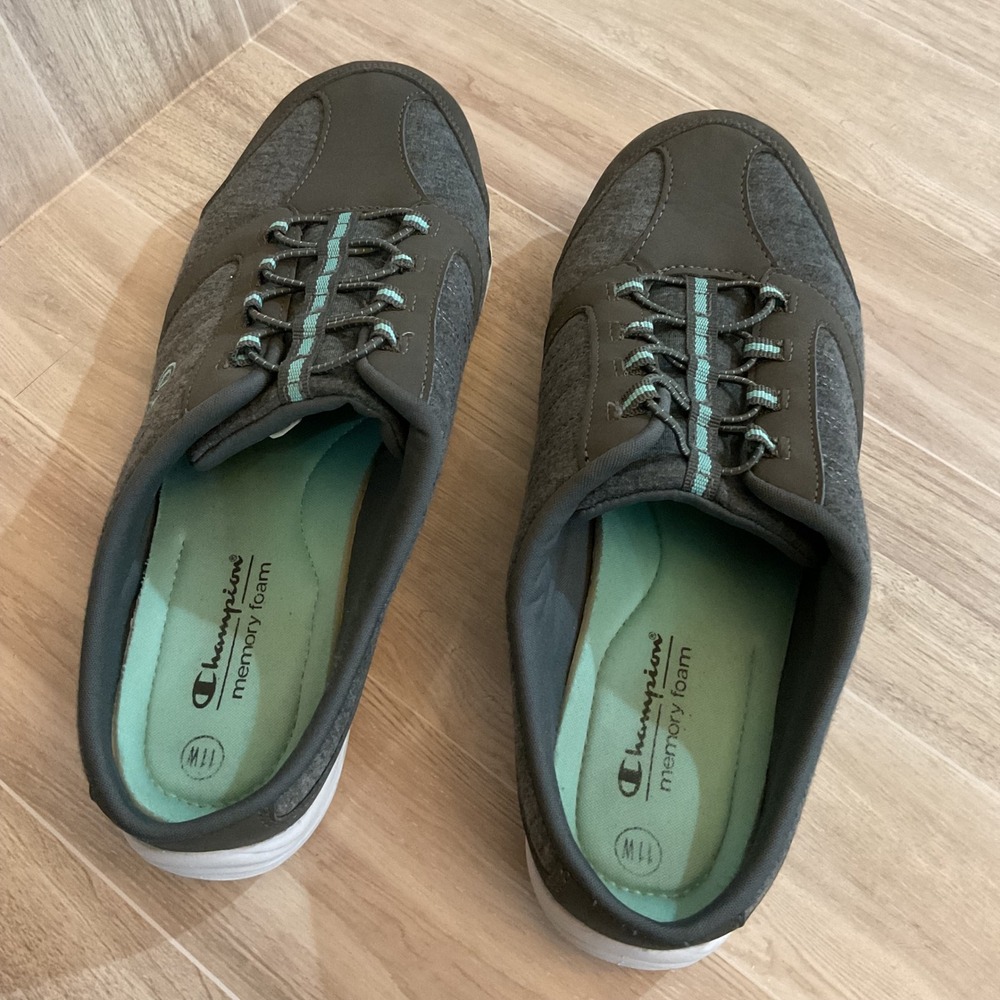 Champion Womens Memory Foam Mule Sneakers Gray Teal Slip On Clogs 11W 175610